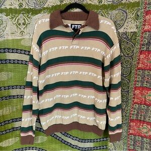 Rare FTP WDGAFAA Tan/ Green Striped Knit Polo Cotton Sweater Size Medium